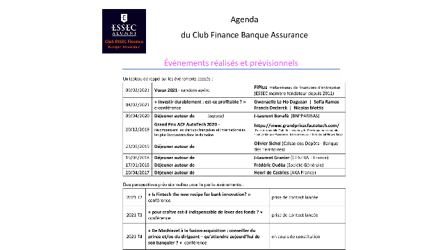 Agenda 2021 du Club Finance Banque Assurance 